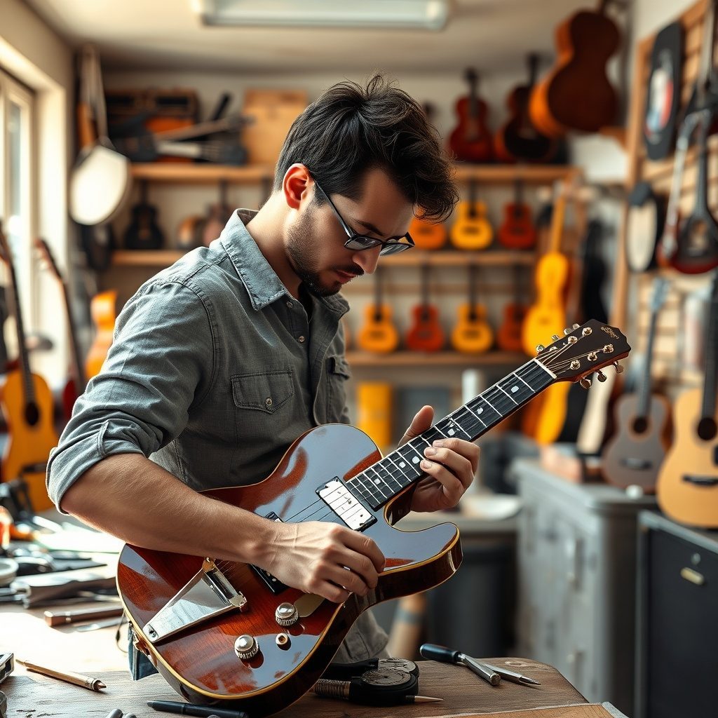 Imagem de equipe trabalhando em instrumentos musicais.